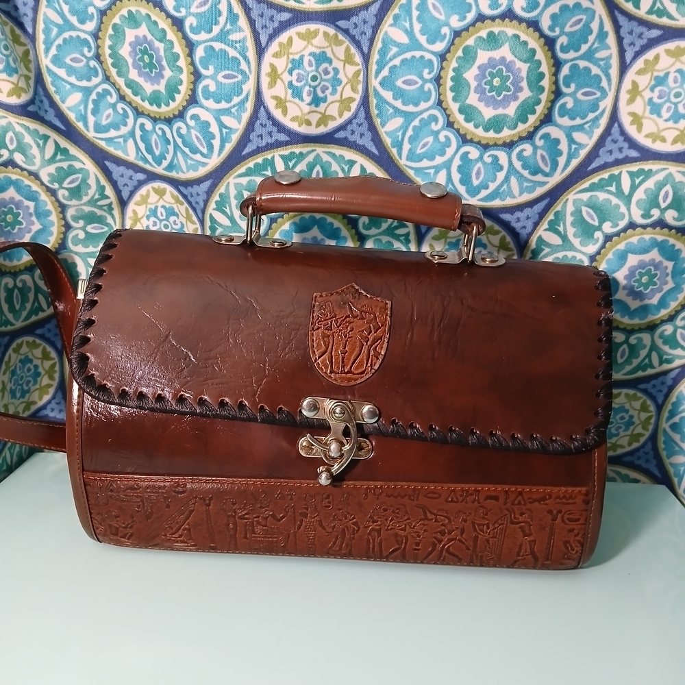 Vintage Sasha Brown Tooled Leather Handbag Egyptian Hieroglyphic Crossbody Purse